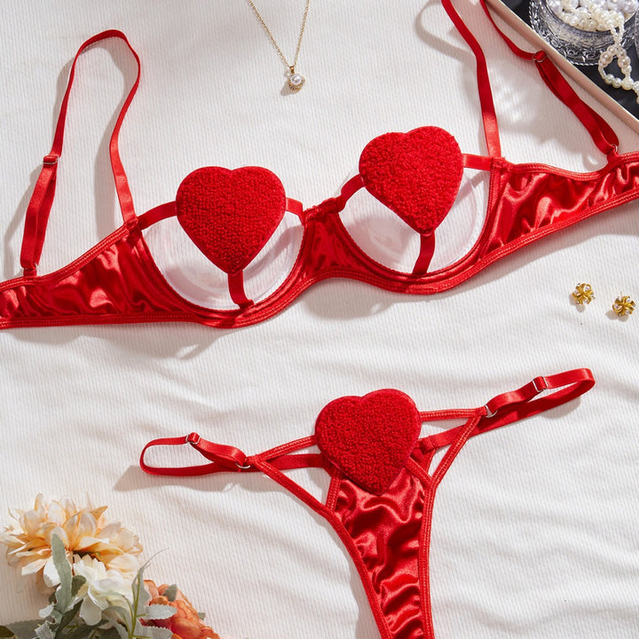 Sexy Heart Cutout Underwire Lingerie Set – Fluffy Trim Romantic Bra Set