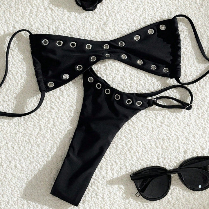 Eyelet Detail Sexy Solid Bikini Set – High Cut Minimalist Swimwear
