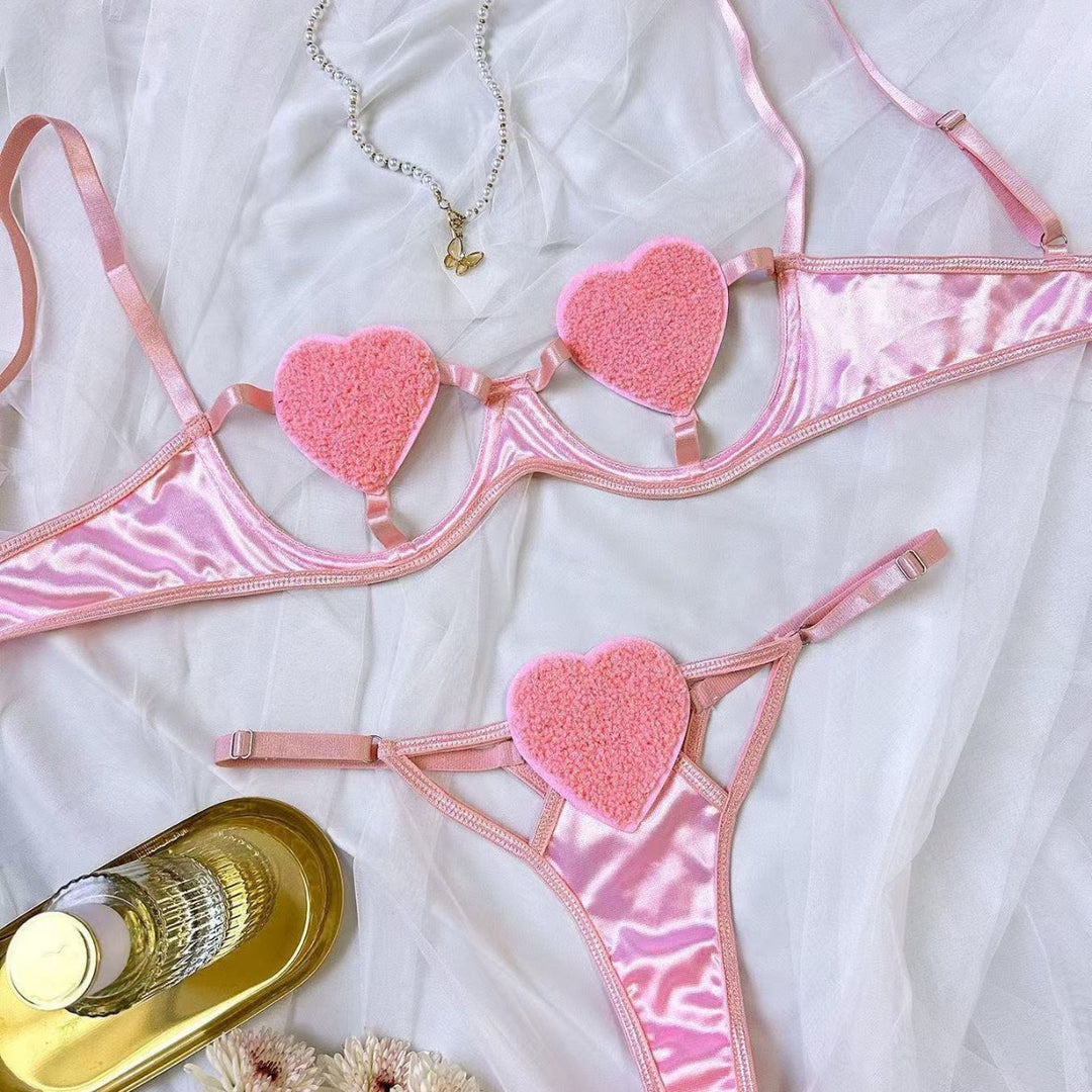 Sexy Heart Cutout Underwire Lingerie Set – Fluffy Trim Romantic Bra Set