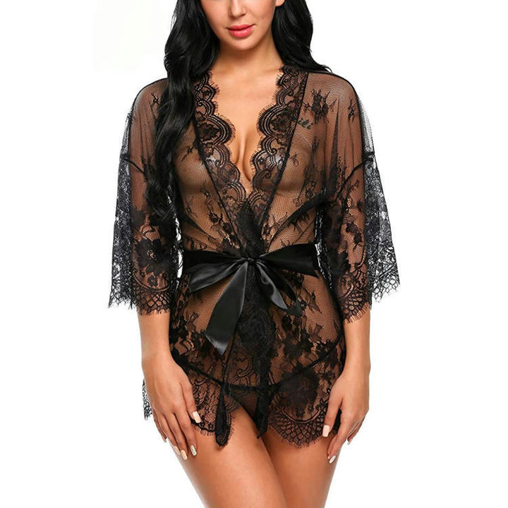 Midnight Lace – Sheer Floral Robe with Satin Belt