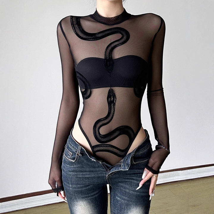 Snake Mesh Bodysuit — See-Through Long Sleeve Lingerie