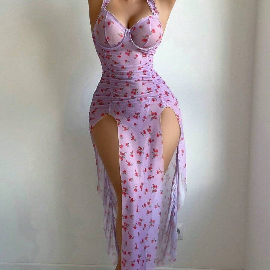 Floral Mesh Lingerie Dress with Ruched Detail & High Slits
