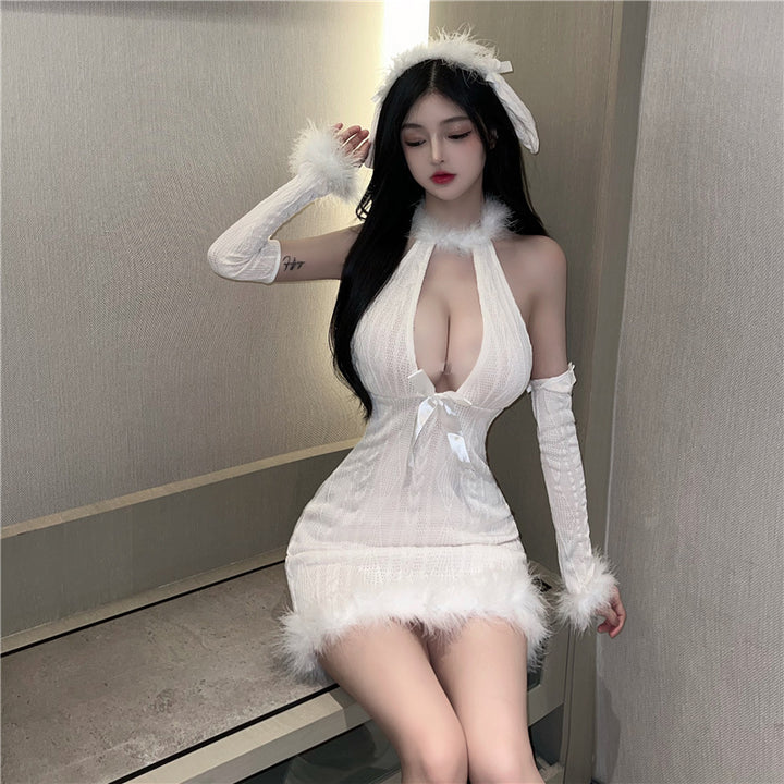 White Feather Halter Lingerie Dress with Deep V Neckline