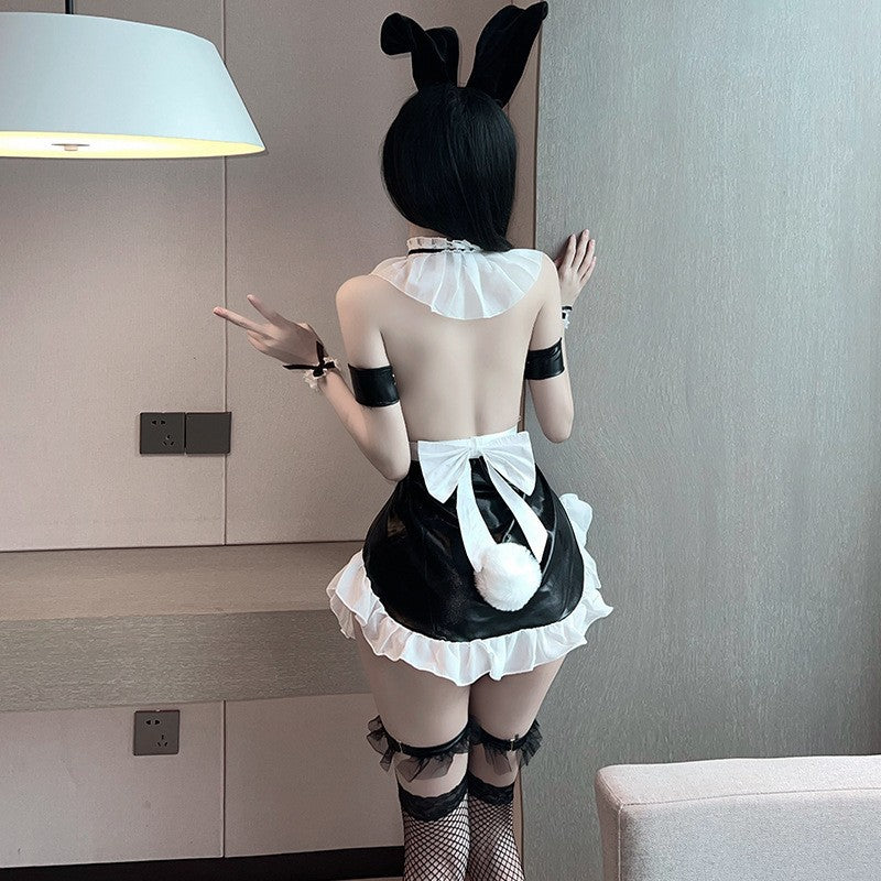 PU Leather Maid Lingerie Set – Sexy Lace See-Through Cosplay Outfit