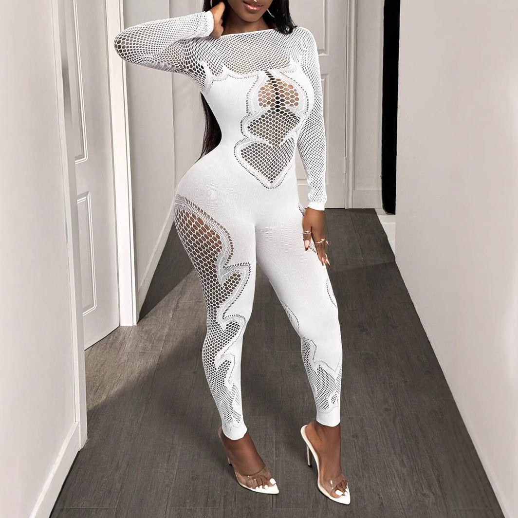 Women's Hollow-Out Mesh Jumpsuit – Long Sleeve Bodycon Clubwear One-Piece Outfit