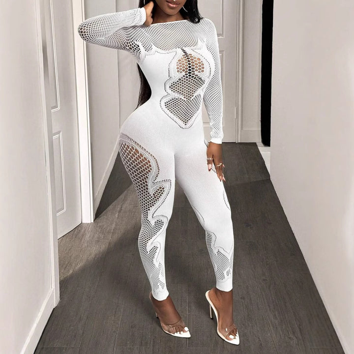 Women's Hollow-Out Mesh Jumpsuit – Long Sleeve Bodycon Clubwear One-Piece Outfit