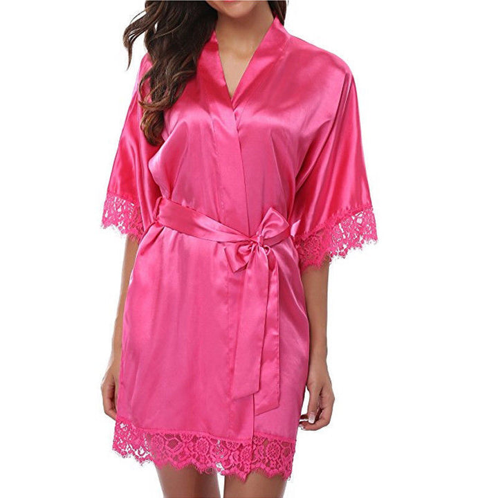 Women's Satin Lace Trim Robe – Lace Trim Sleepwear Lounge Bathrobe with Tie Belt