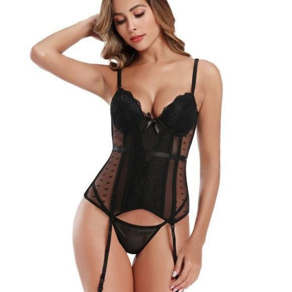 Sexy Lace Bustier Bodysuit Lingerie Set – Sheer Mesh Garter Teddy with Adjustable Straps