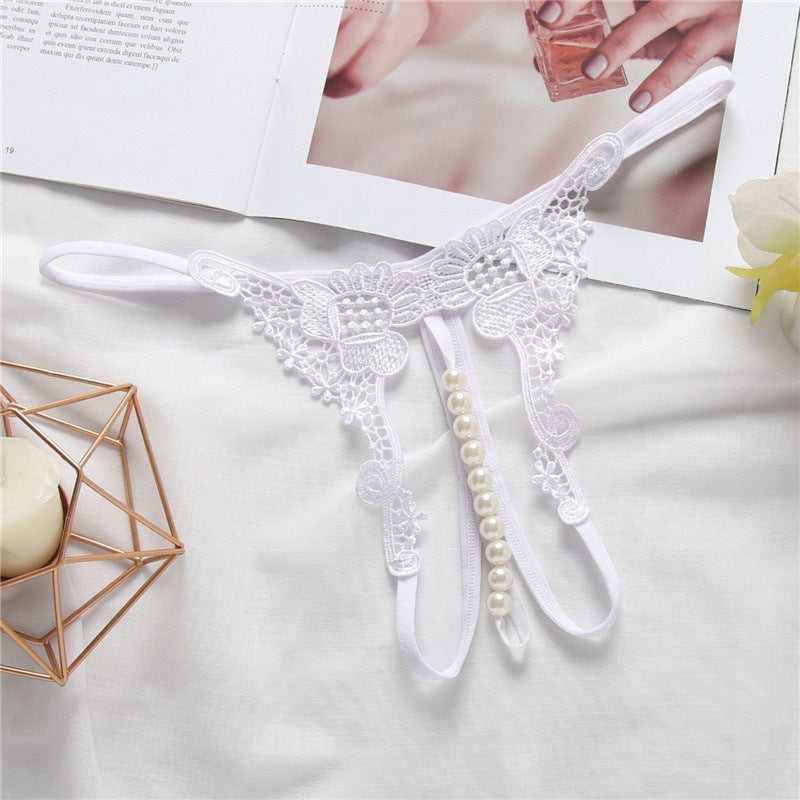 Lace Pearl G-String Panty – Embroidered Low Rise Open Front Thong Lingerie