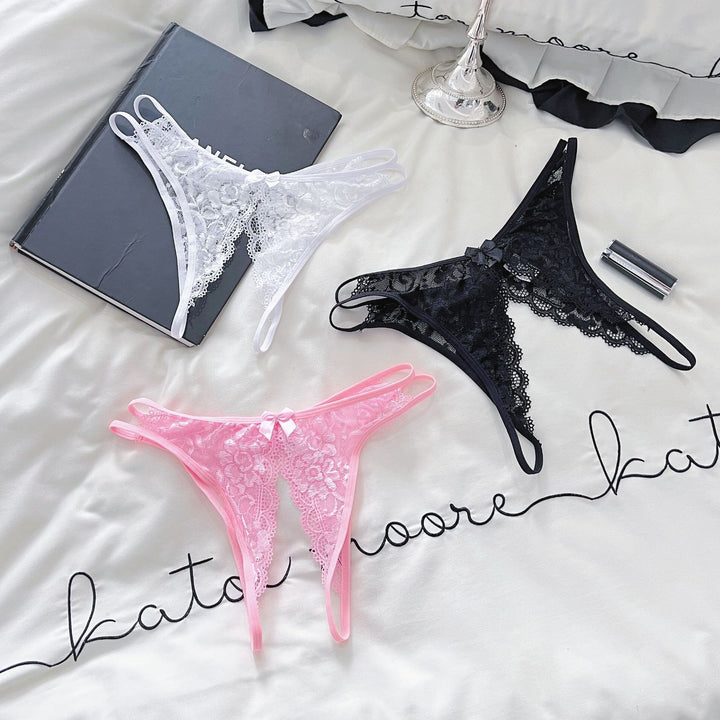 Women's Lace Sheer Open-Crotch Thong Panty – Low Rise Hollow-Out Seamless Lingerie