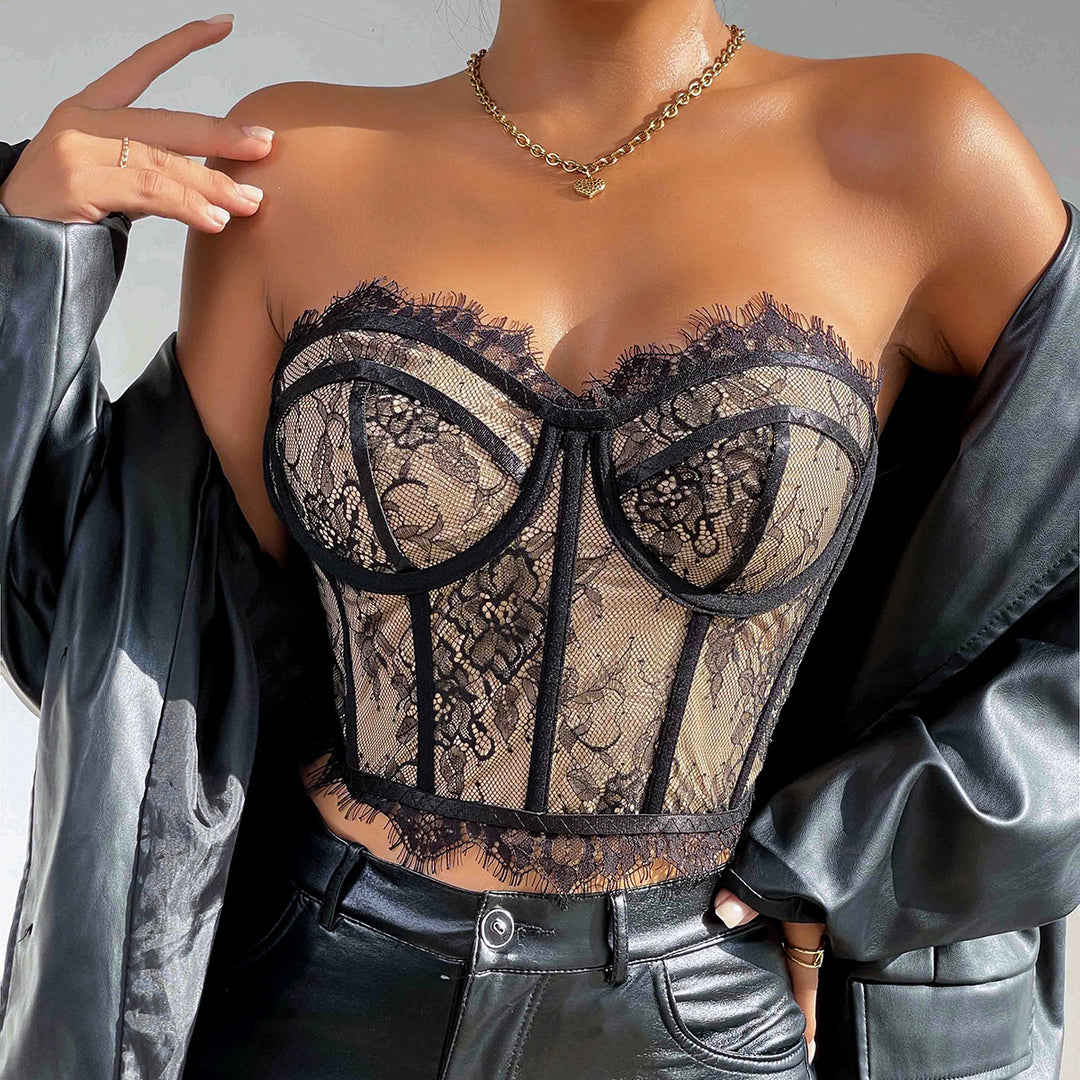 Black Lace Corset Top Push Up Bustier Sheer Boned Body Sculpting Crop Top