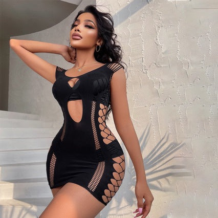 Sexy Hollow-Out Fishnet Mini Dress – Seamless Bodycon Lingerie Chemise for Women
