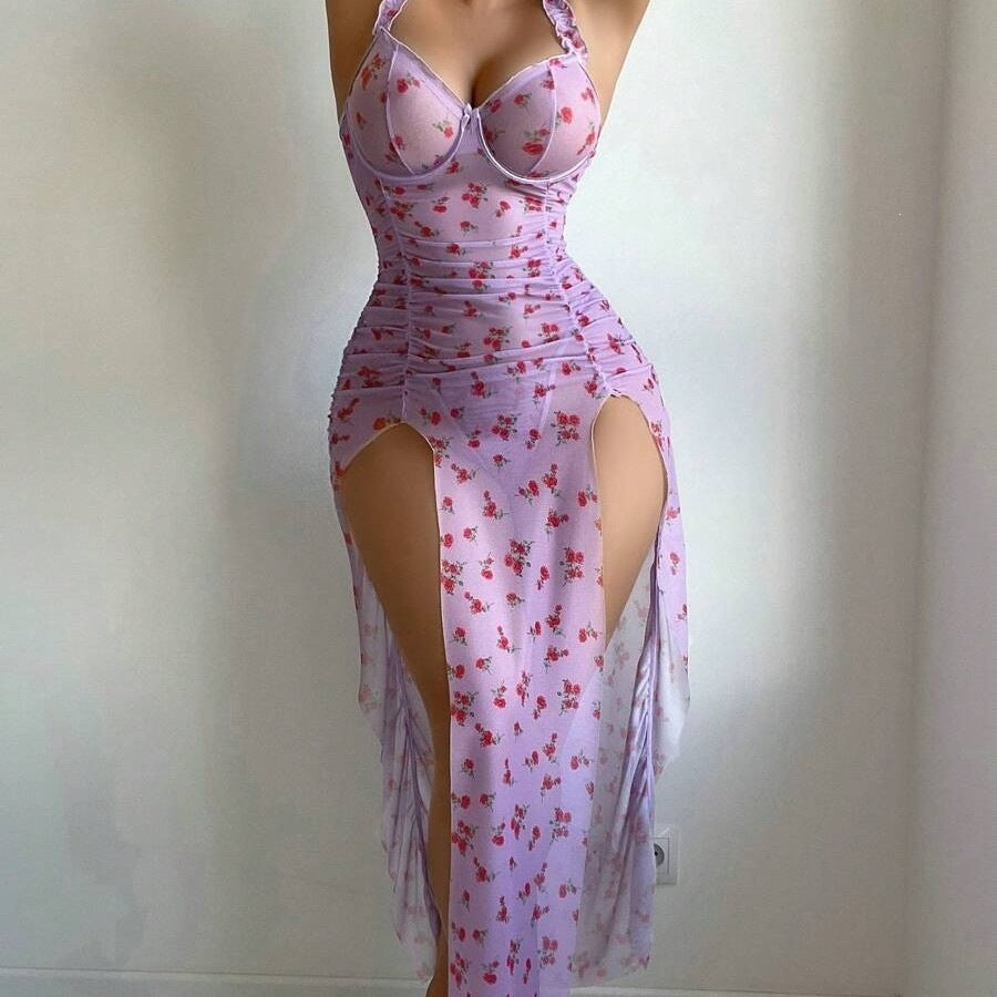 Floral Corset Maxi Dress – Ruched High Split Bodycon Dress for Women