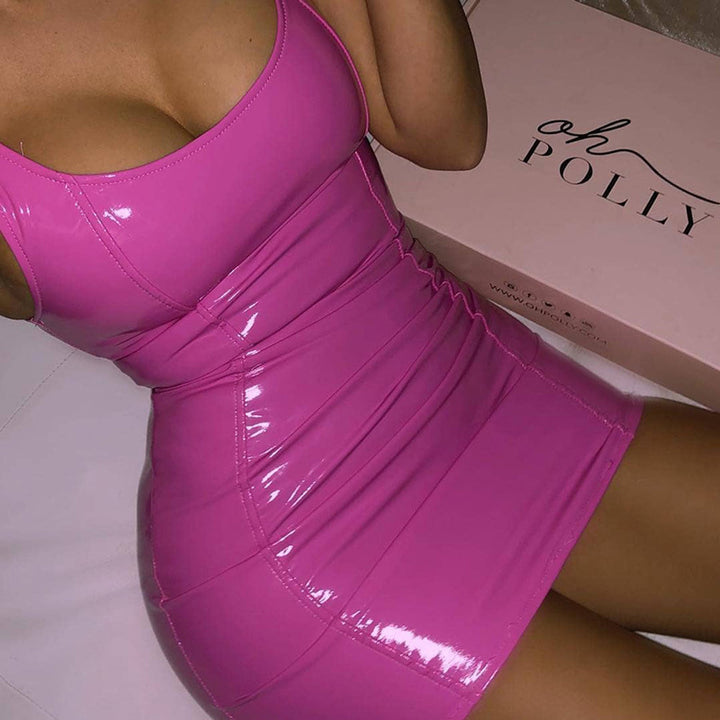 Glossy PU Leather Mini Dress – Strappy Bodycon Party Dress with Ruched Fit