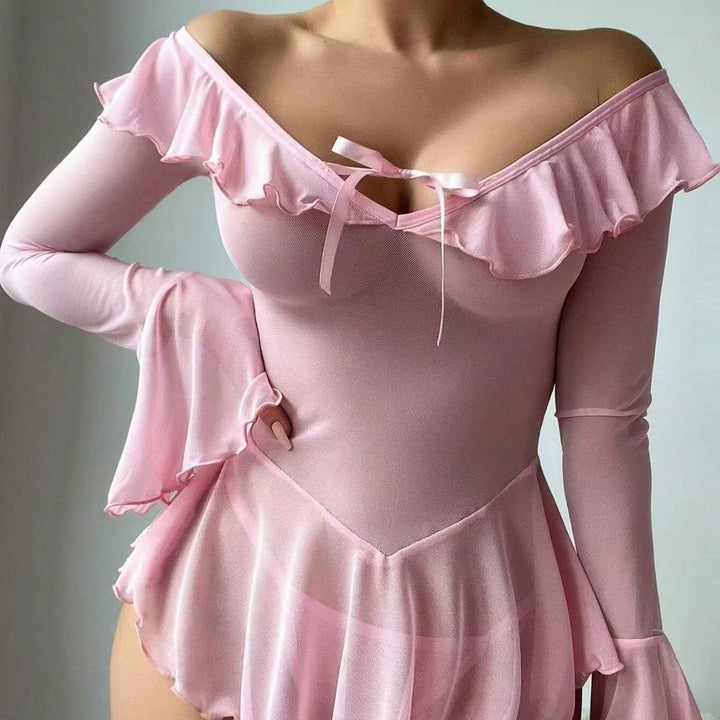 Sweet Sheer Ruffle Lingerie Set – Off-Shoulder Tie-Front Top & Flirty Mini Shorts