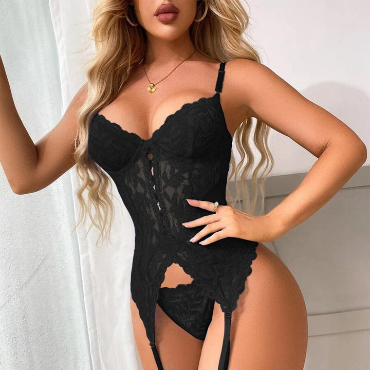 Lace Garter Lingerie Bodysuit Sheer Hollow Out Push Up Teddy Set