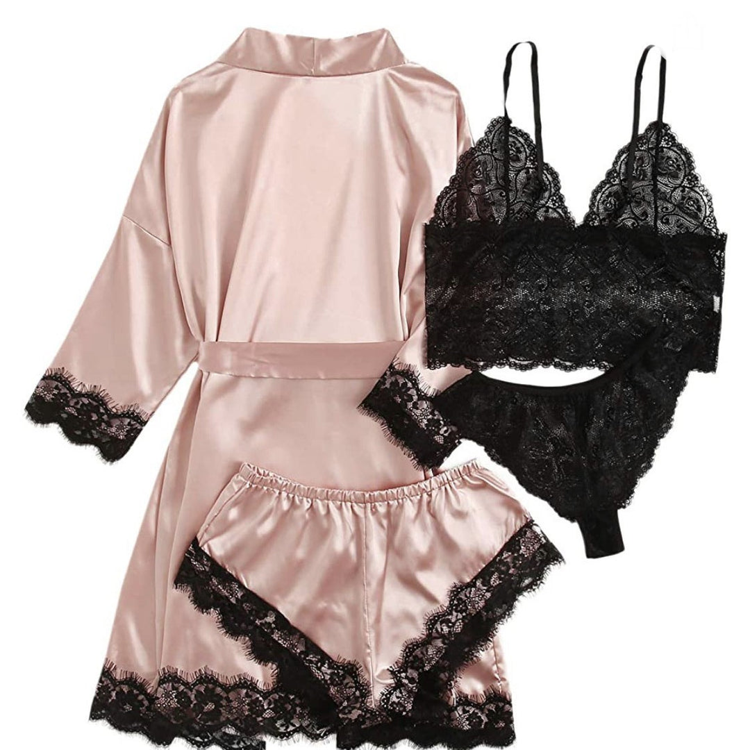 Satin & Black Lace Lingerie Set – Robe, Lace Cami & Shorts 4-Piece Sleepwear Set