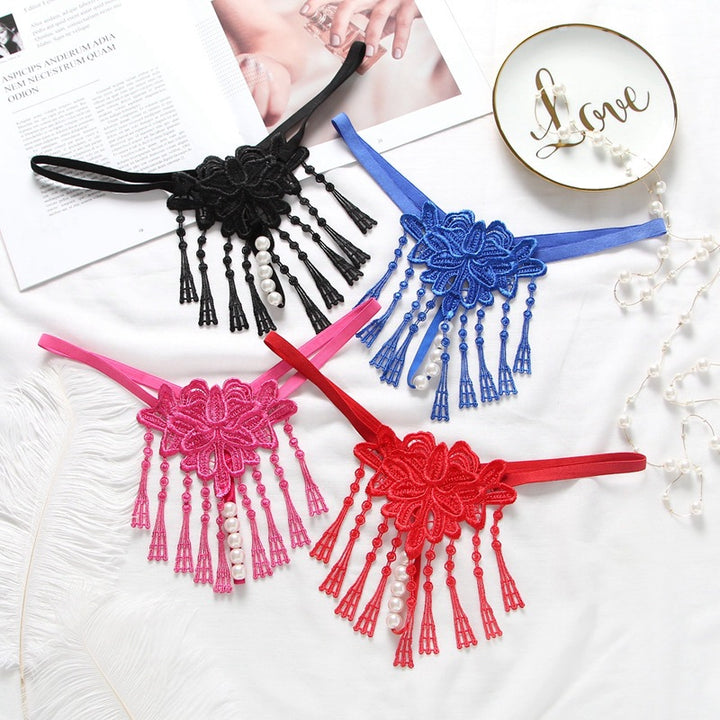 Floral Lace Garter Thong – Delicate Embroidered Applique with Pearl Tassel Detail