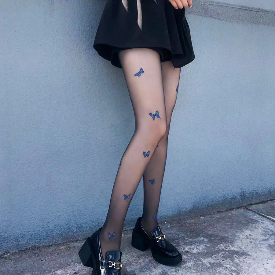 Blue Butterfly Pattern Sheer Tights – Elegant Transparent Pantyhose