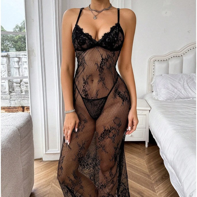 Black Lace Lingerie Set – Sheer Floral Lace Cami Bodysuit with Long Mesh Skirt