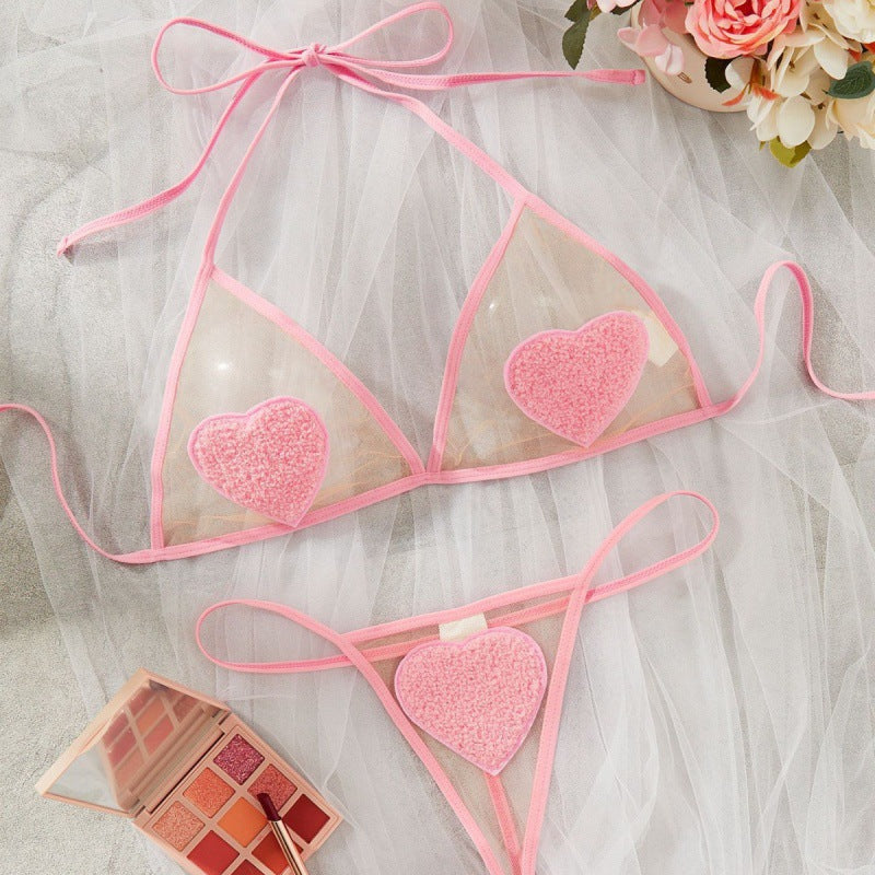 Sheer Heart Mesh Lingerie Set – Sexy Transparent Triangle Bra & Thong Set for Women