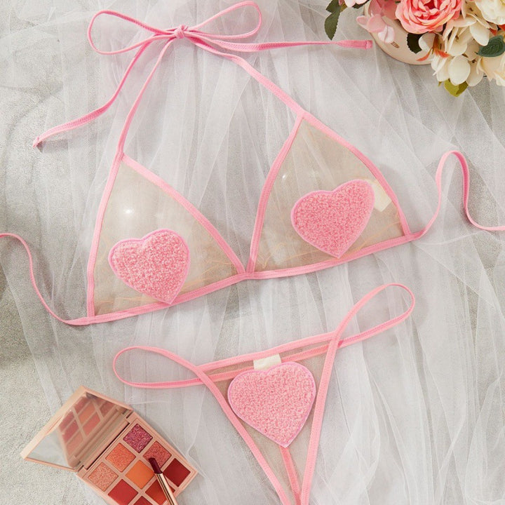 Sheer Heart Mesh Lingerie Set – Sexy Transparent Triangle Bra & Thong Set for Women