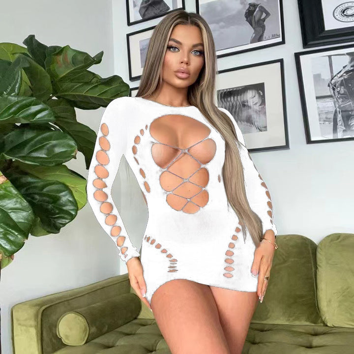 Sexy Long Sleeve Cutout Mini Dress – Lace Up Hollow Out Bodycon Lingerie Dress