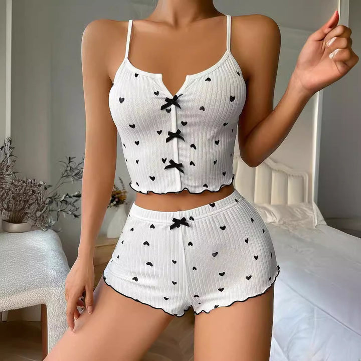 Cute Heart Print Pajama Set – Ribbed Cami Top & Shorts Lounge Set