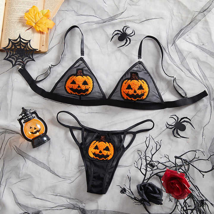 Halloween Pumpkin Embroidered Lingerie Set – Sheer Mesh Bra & Thong Two-Piece Costume