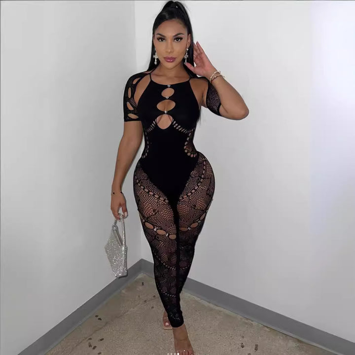 Sexy Black Cutout Fishnet Bodysuit – Sheer Lace Mesh One-Piece Lingerie