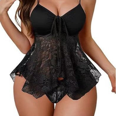 Lace Babydoll Lingerie Set – Deep V Tie Front Mesh Chemise with Matching Panty