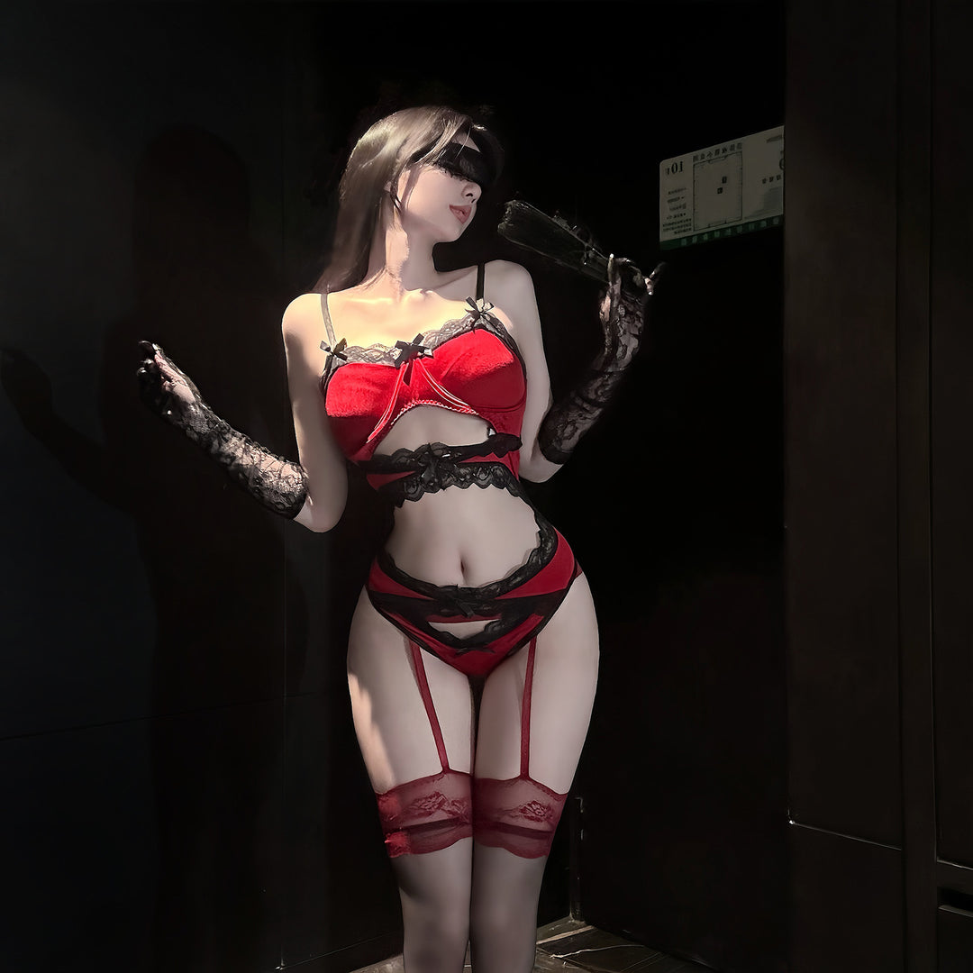 Red & Black Lace Bow Lingerie Set – Contrast Mesh Bra, Garter & Panty Costume