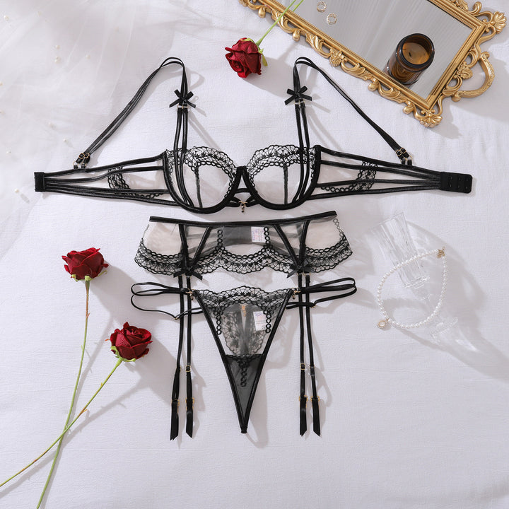 Sheer Lace Lingerie Set – Embroidered Underwire Bra with Garter Detail