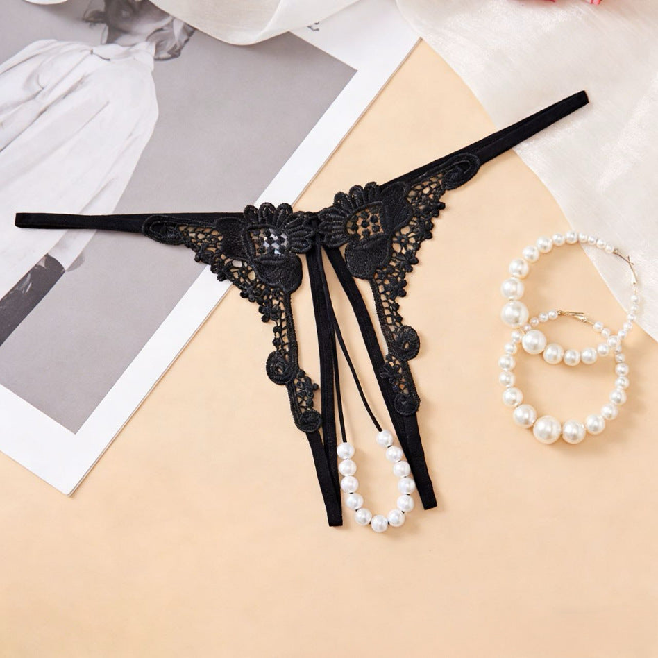 Lace Pearl G-String Panty – Embroidered Low Rise Open Front Thong Lingerie