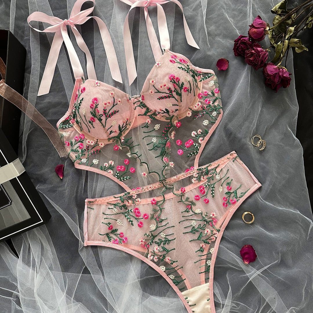 French Floral Embroidered Sheer Bodysuit – Ultra-Thin Mesh Sexy Lingerie