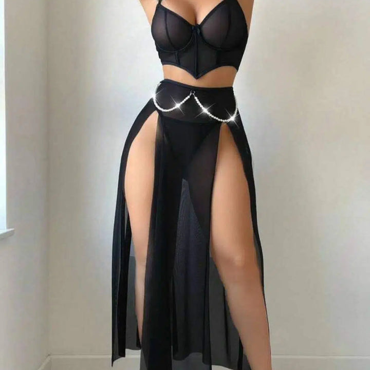 Sexy Lace Lingerie Set – Push Up Bustier Top & Sheer Split Maxi Skirt Two Piece Outfit