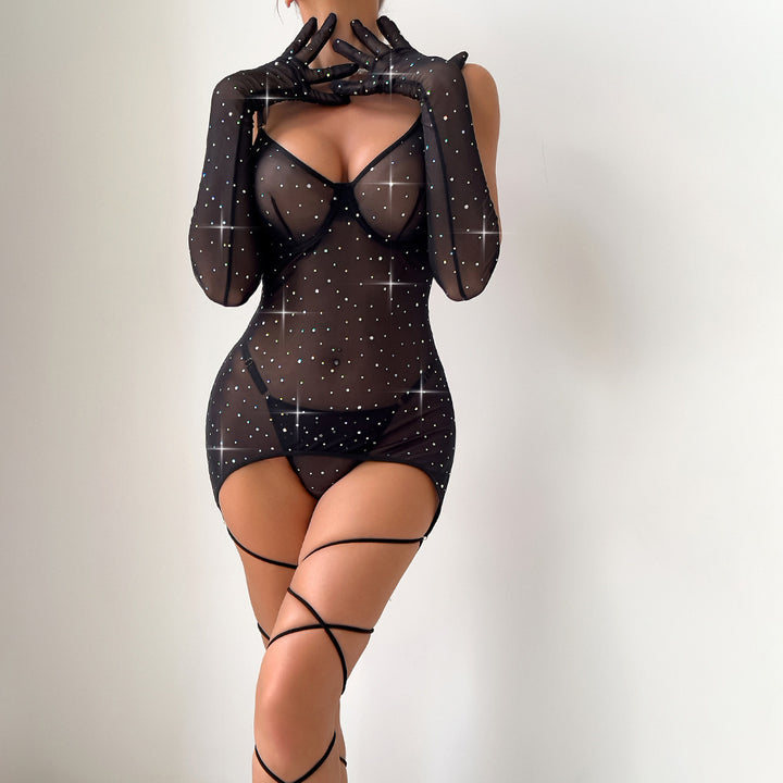 Rhinestone Sheer Mesh Mini Dress – Women's Sparkling Lingerie-Inspired Clubwear