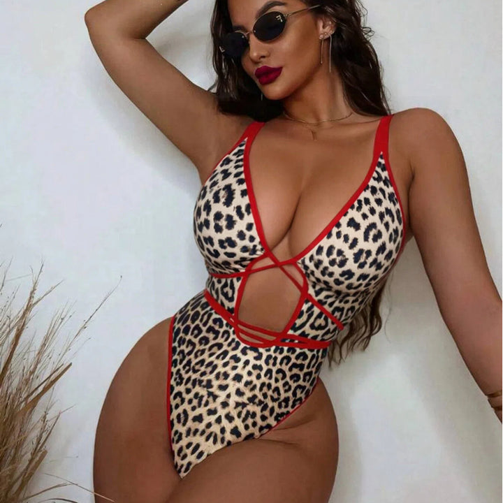 Leopard Patchwork Cut-Out One Piece Swimsuit