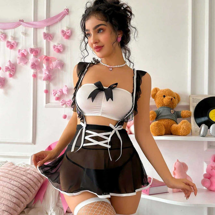 Women’s Pink & Green Bow Lingerie Set – Ruffle Cami Top & Flared Mini Skirt