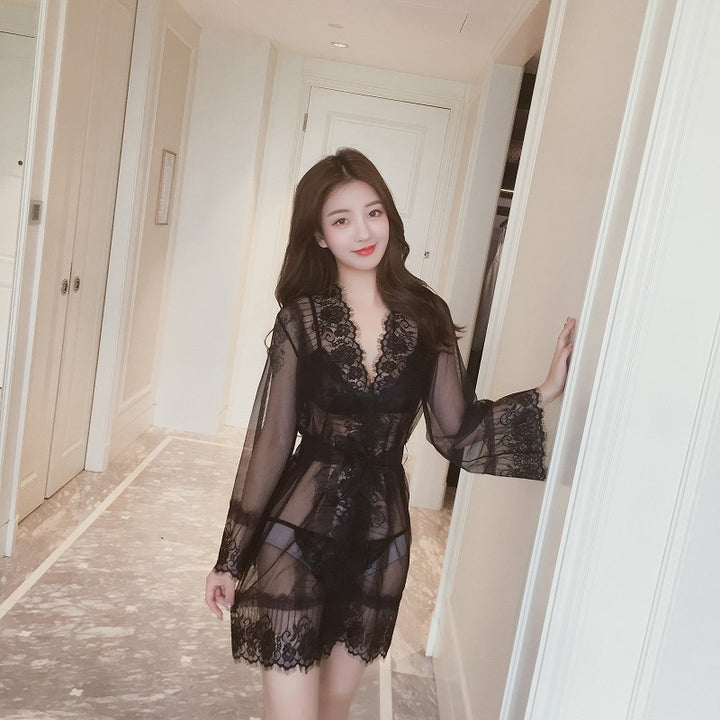Midnight Elegance Sheer Lace Robe Lingerie Cover-Up