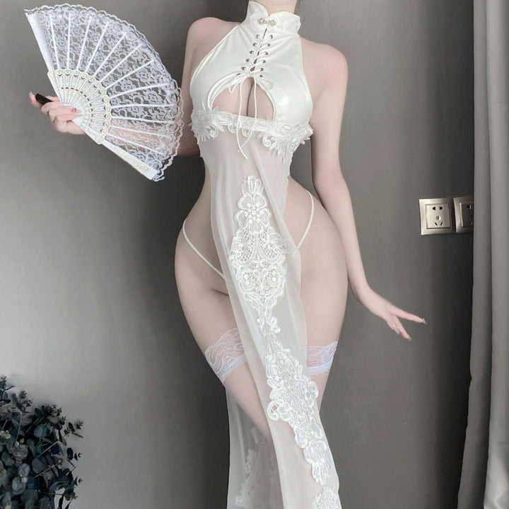 Color-Block Sheer Lace Cheongsam Lingerie Set – Backless Cut-Out PU Body Suit