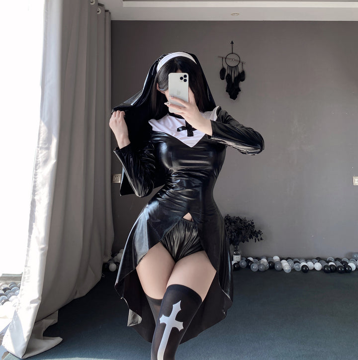 Shiny Nun Cosplay Costume Set – Long Sleeve Bodycon Mini Dress with Headpiece & Thigh-High Stockings