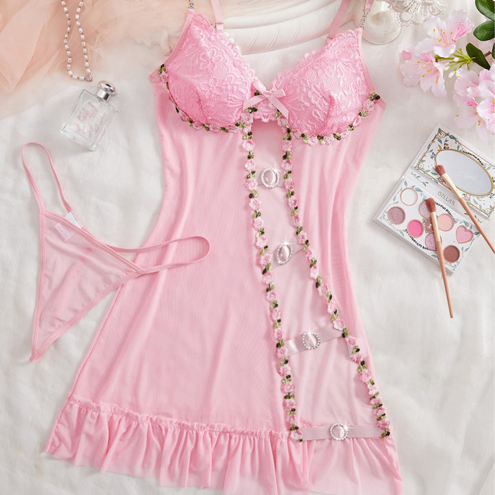Sheer Lace Babydoll Set with Floral Trim & G-String