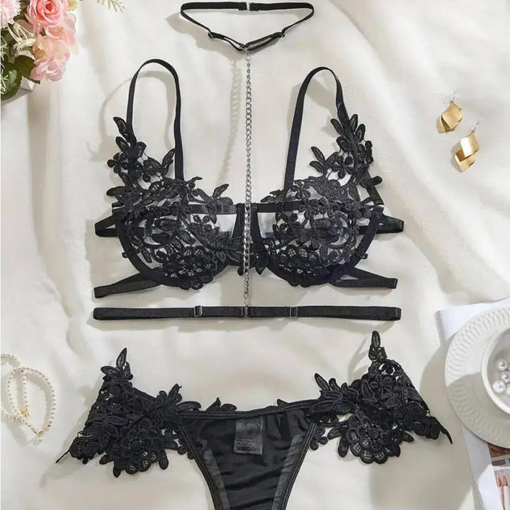 Punk Metal Chain Embroidered 3-Piece Lingerie Set