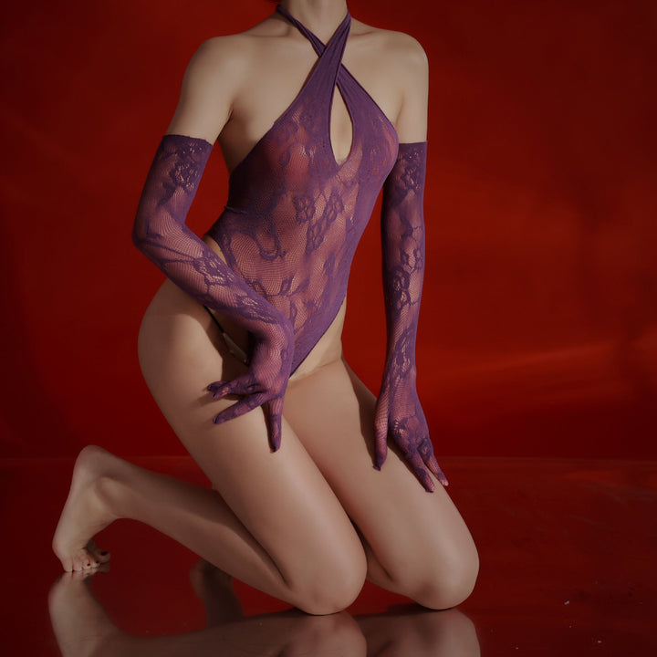 Purple Sheer Lace Halter Bodysuit with Matching Opera Gloves