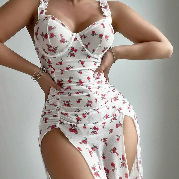 Floral Mesh Lingerie Dress with Ruched Detail & High Slits