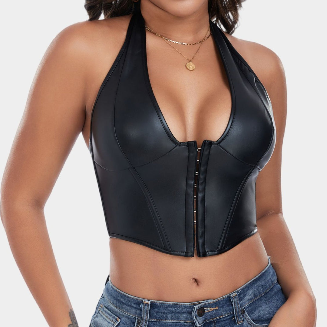 Halter Faux Leather Crop Top — Deep V Bustier Style Party Tank