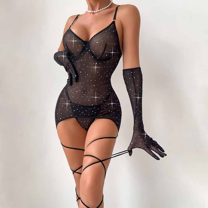 Rhinestone Sheer Mesh Mini Dress – Women's Sparkling Lingerie-Inspired Clubwear
