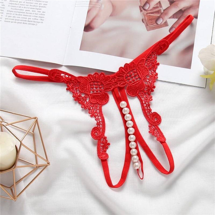 Lace Pearl G-String Panty – Embroidered Low Rise Open Front Thong Lingerie