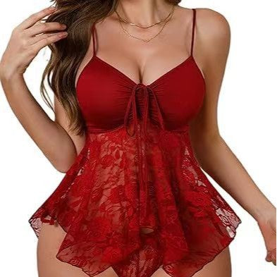 Lace Babydoll Lingerie Set – Deep V Tie Front Mesh Chemise with Matching Panty